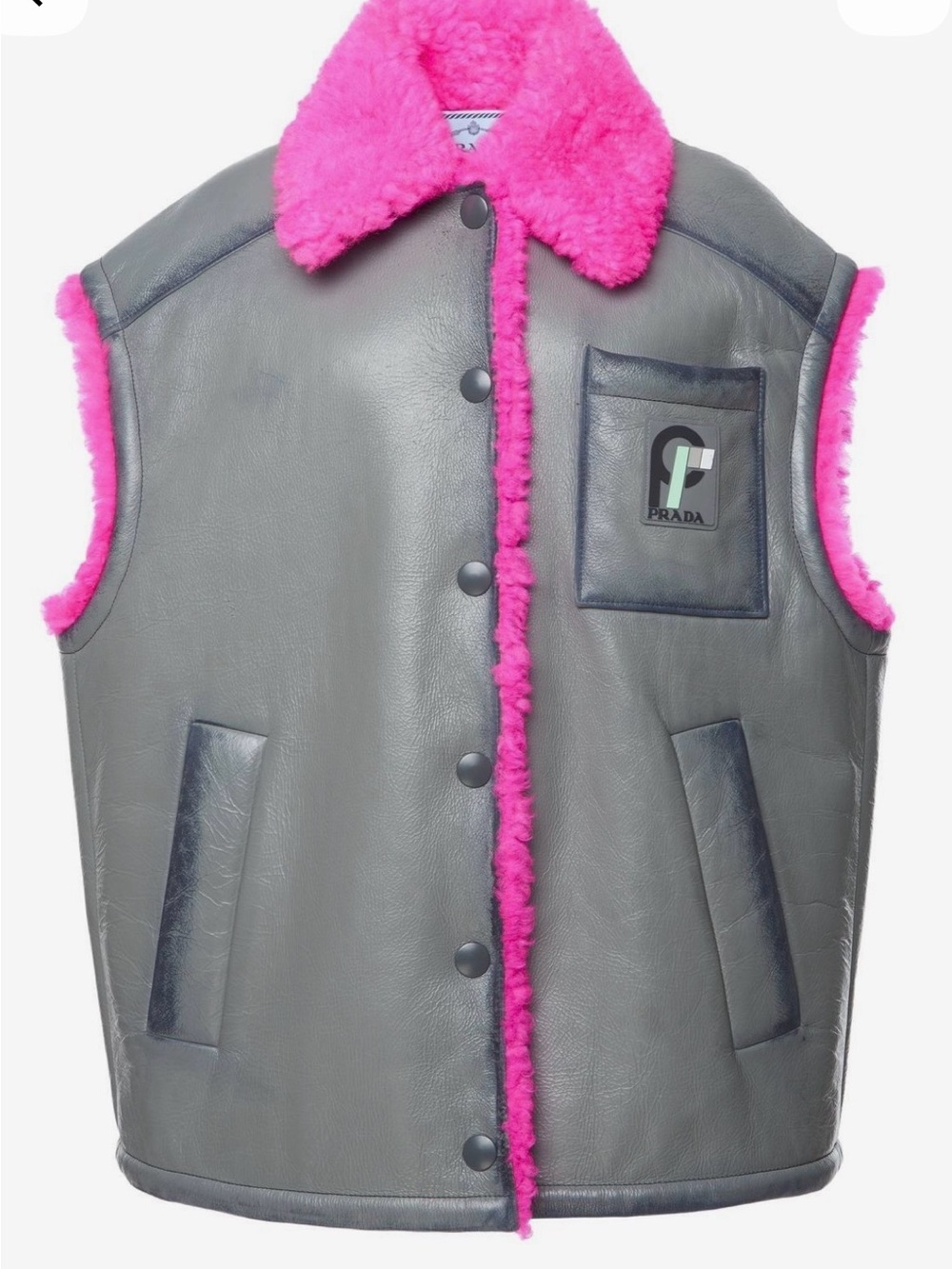 Authentic NWT PRADA Gray Leather Vest with Hot Pink Shearling Fur Interior
